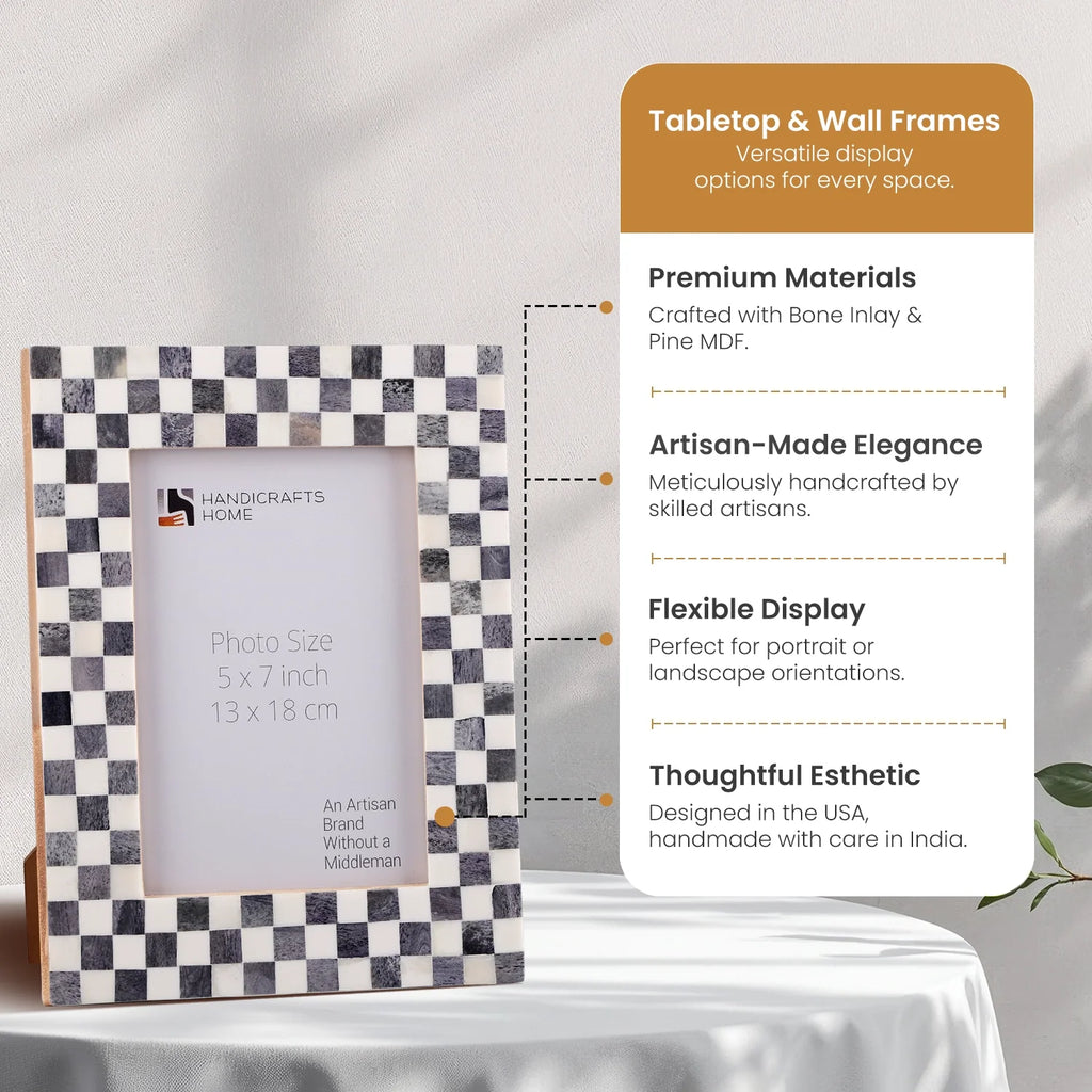 Picture Frame Checked Pattern inspired Bone Inlay, Grey & White - 4x6 & 5x7
