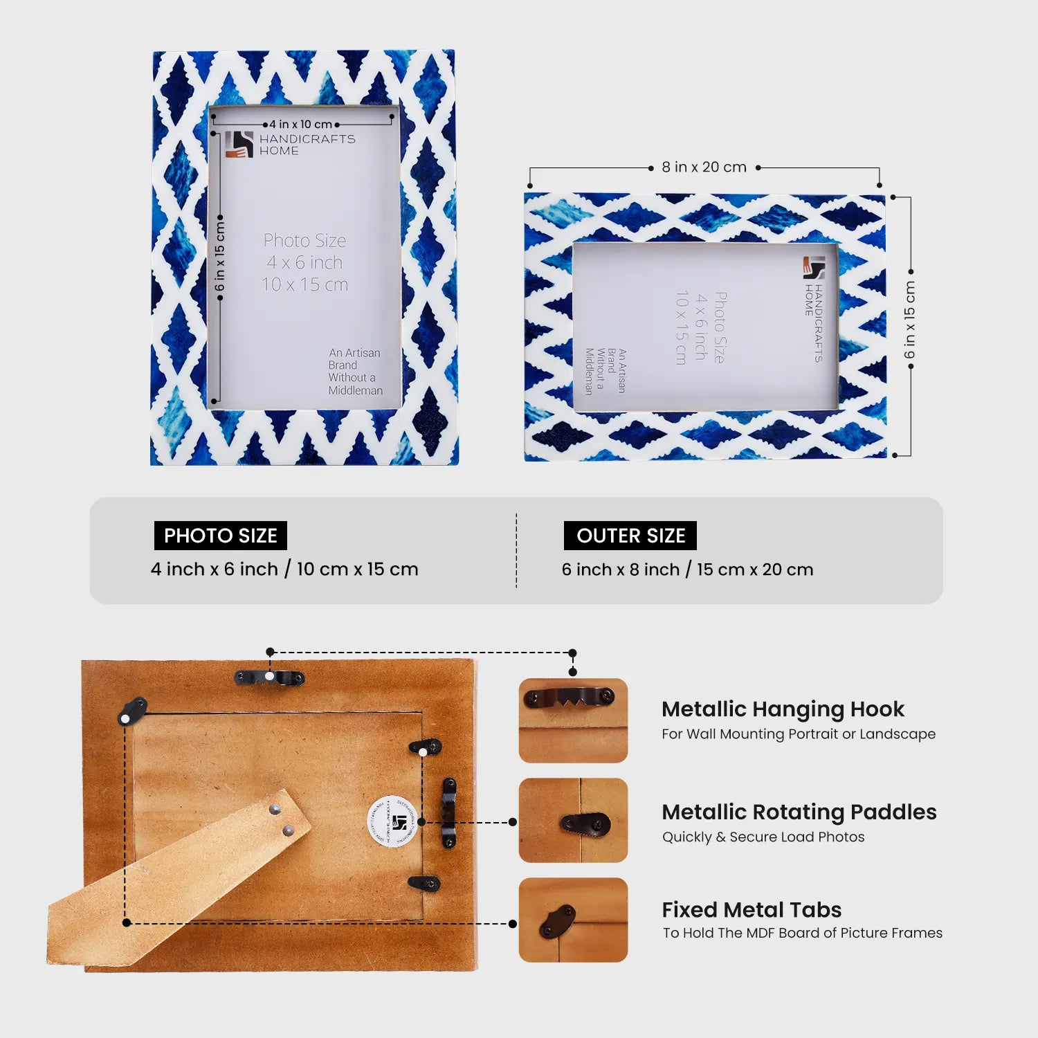 Picture Frames Indigo Mosaic Diamond Pattern Bone & Resin Inlay Collection, 4X6