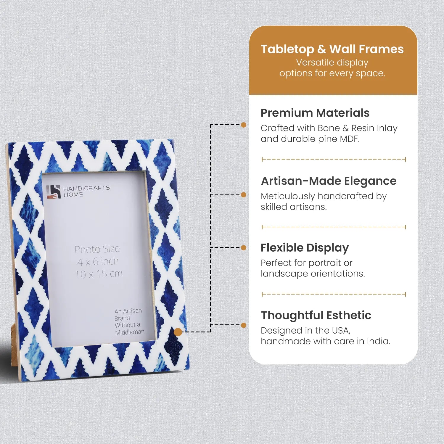 Picture Frames Indigo Mosaic Diamond Pattern Bone & Resin Inlay Collection, 4X6
