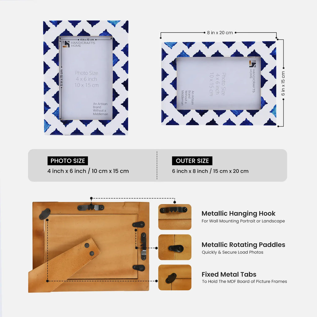 Picture Frames Indigo Bone & Resin Inlay Collection in White & Blue, 4x6