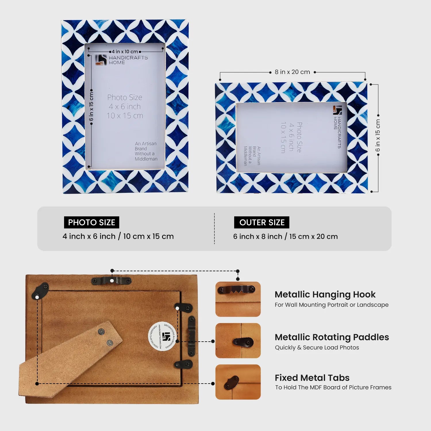 Picture Frames Indigo Mosaic Star Pattern Bone & Resin Inlay Collection, 4x6