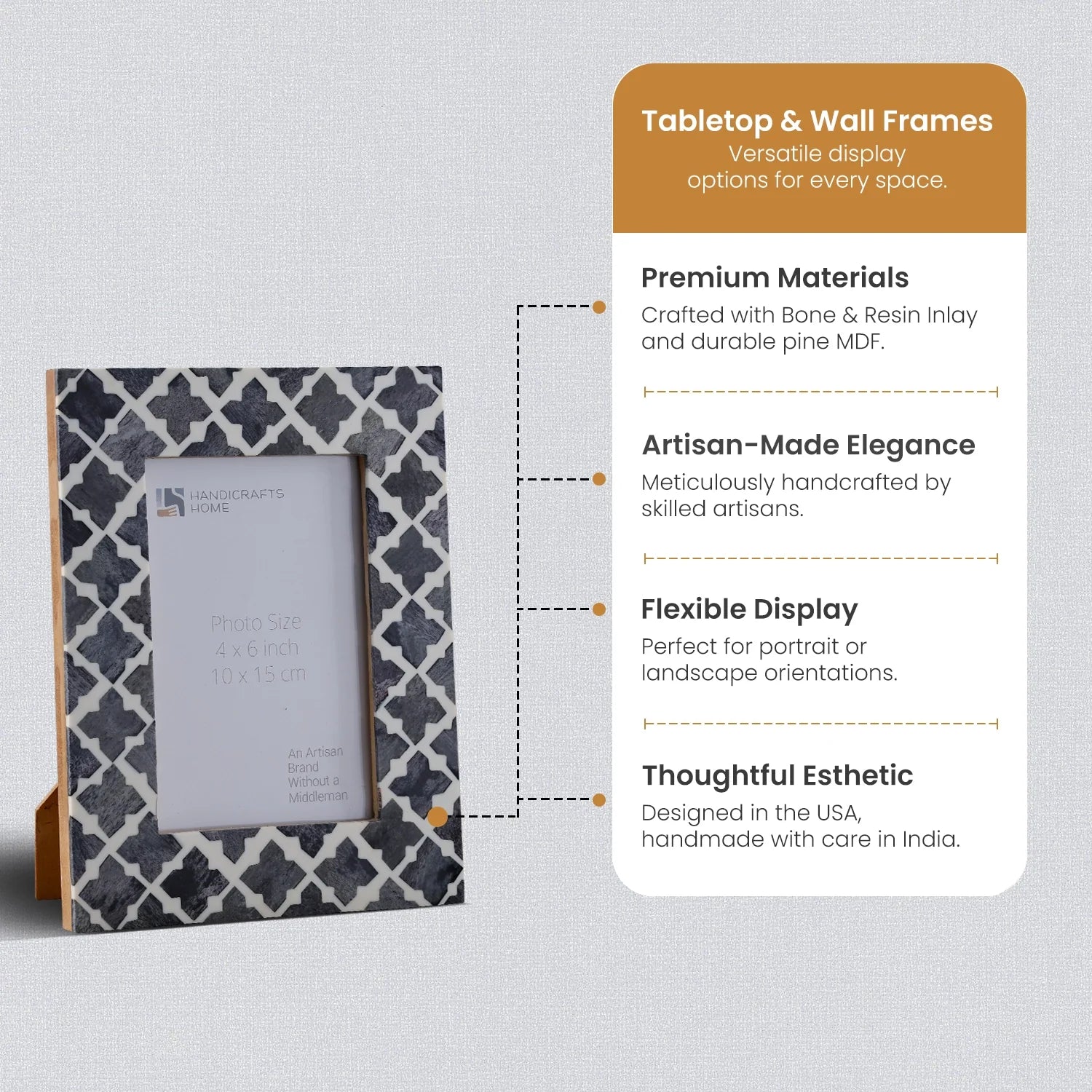 Picture Frames Mosaic Quatrefoil Pattern Bone & Resin Inlay Collection in 3 colors, 4x6