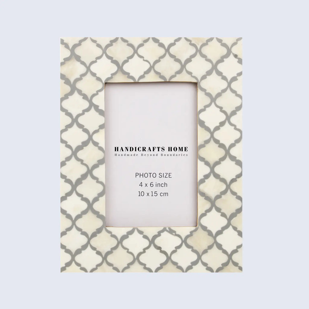 Picture Frames Moroccan Pattern Bone & Resin Inlay Collection in 2 Sizes, White & Grey