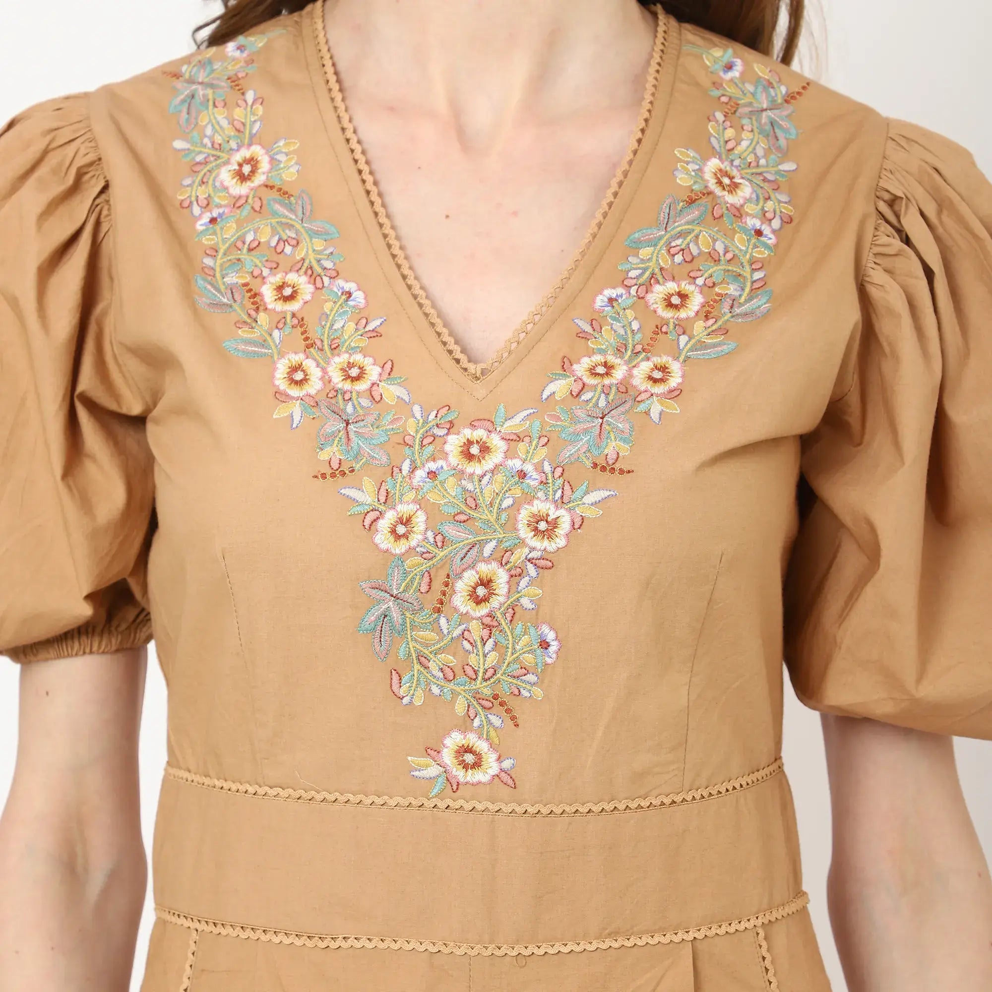 Tonal Embroidered Brown Romper Dress - XS to XL