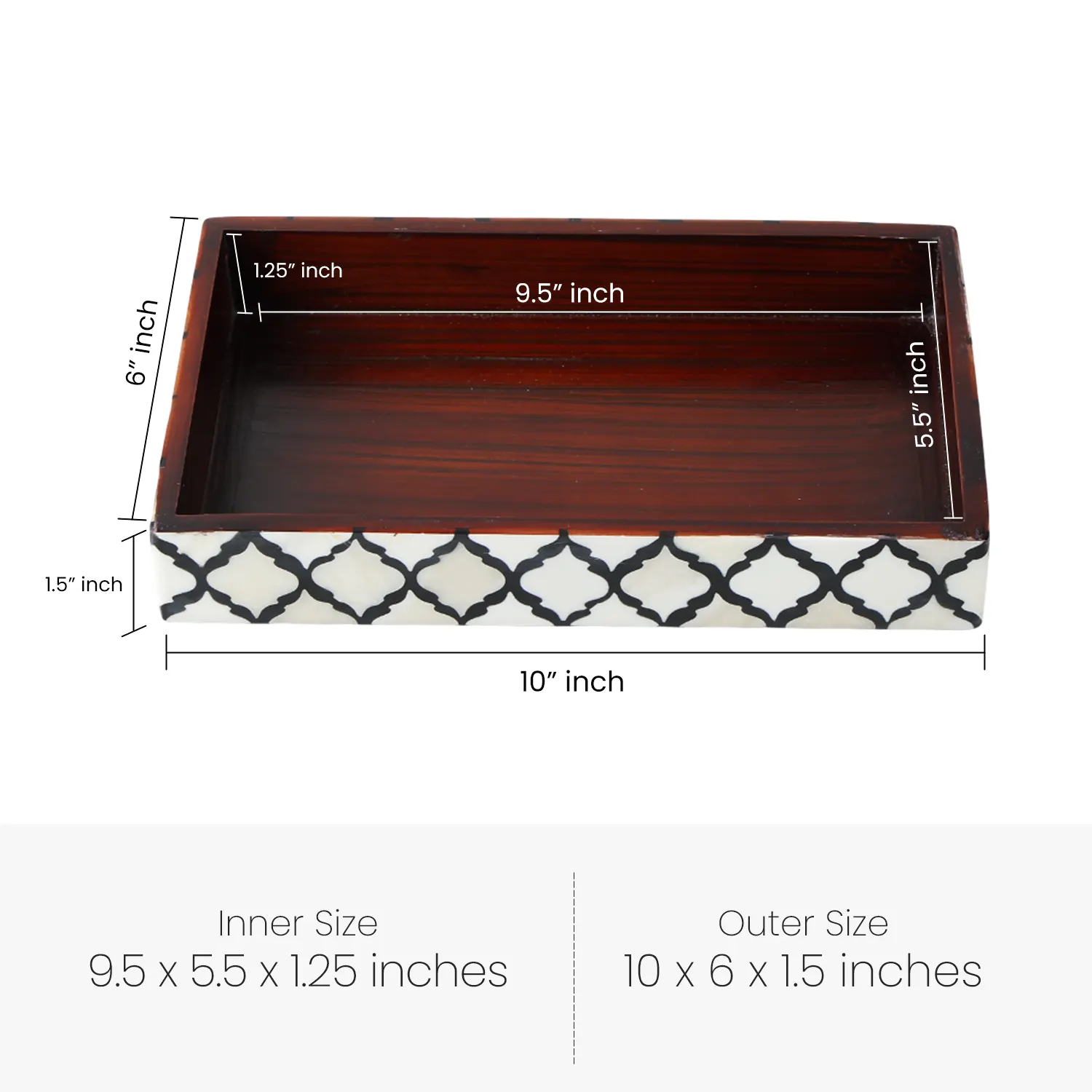 Vanity Trays Moroccan Pattern Bone & Resin Inlay Collection in 10x6, Black & White