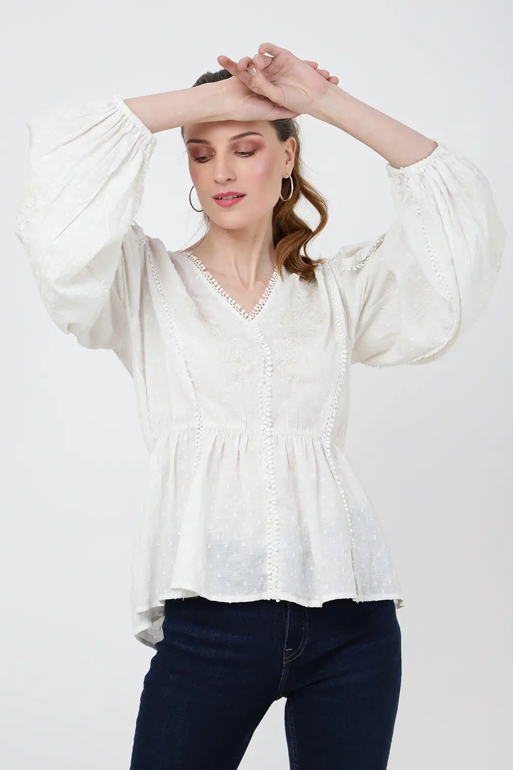 Tonal Embroidered Peplum Top with V-Neckline - S to 2XL