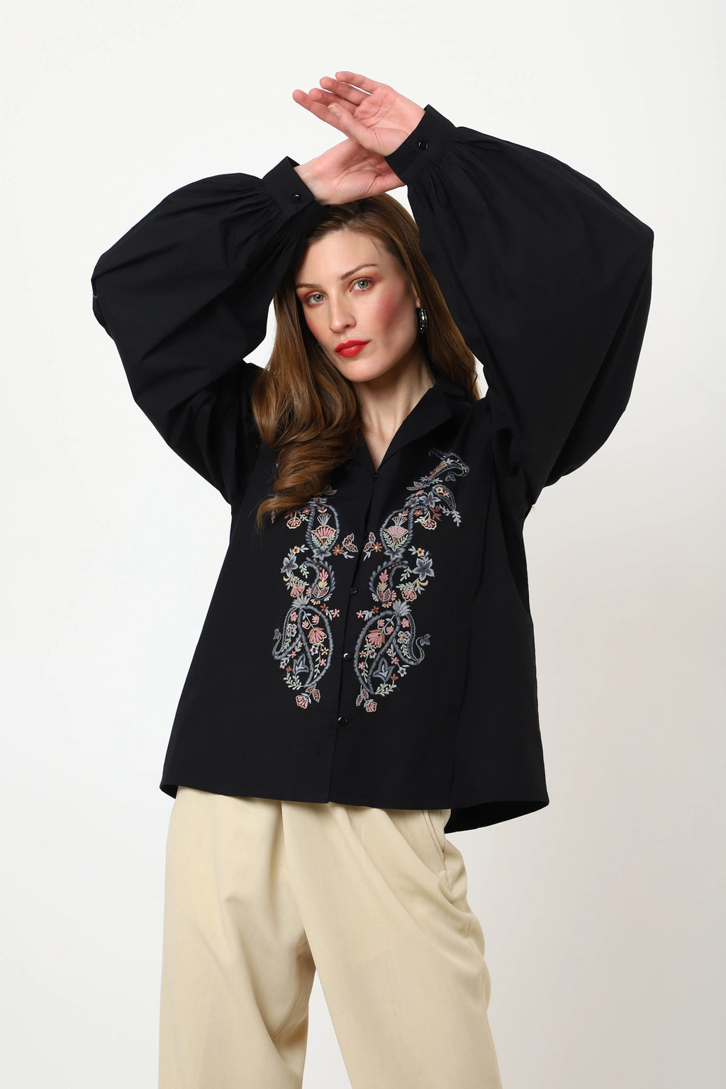 Detailed Embroidery Black Long Sleeve Top - XS to 3XL