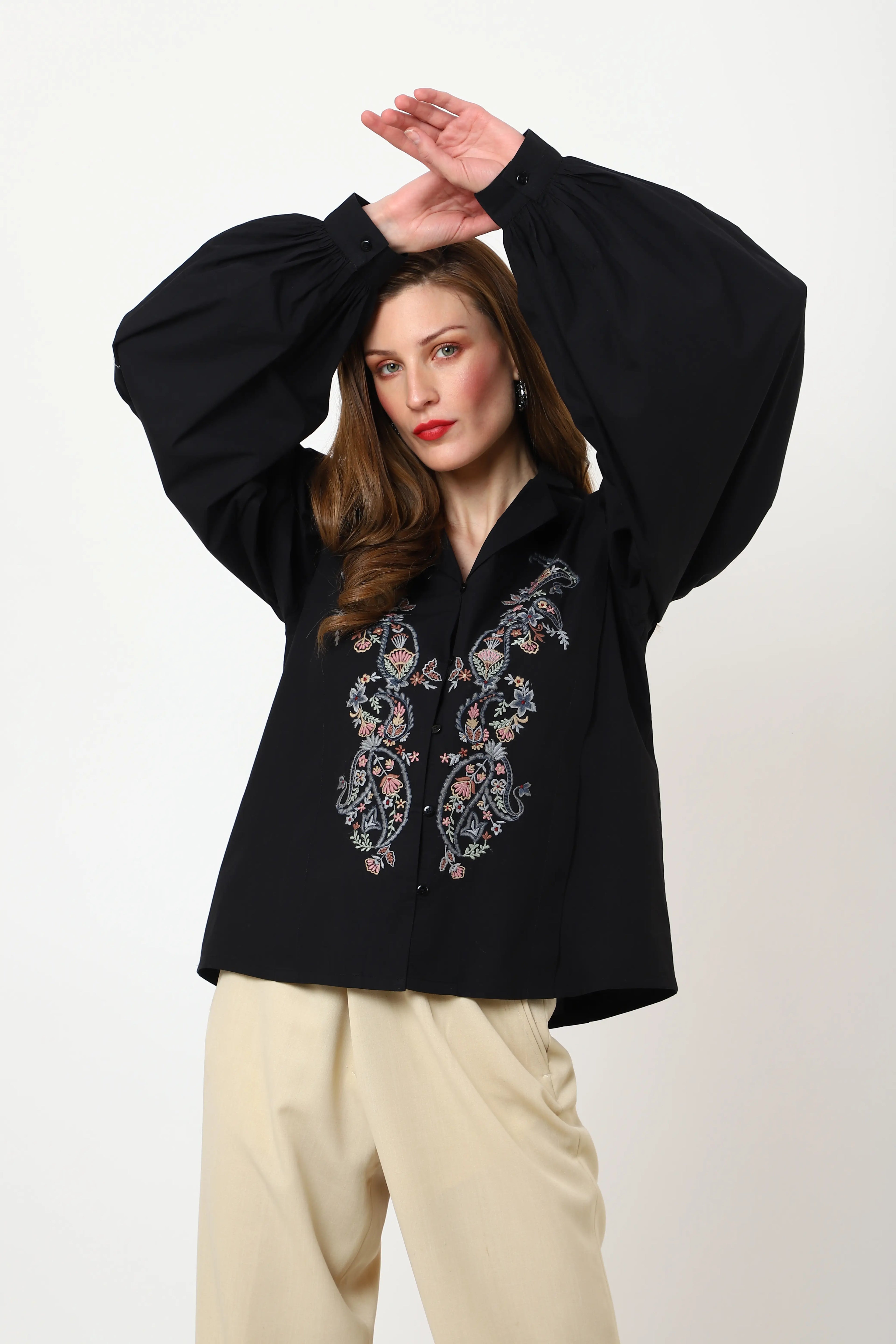Detailed Embroidery Black Long Sleeve Top - XS to 3XL