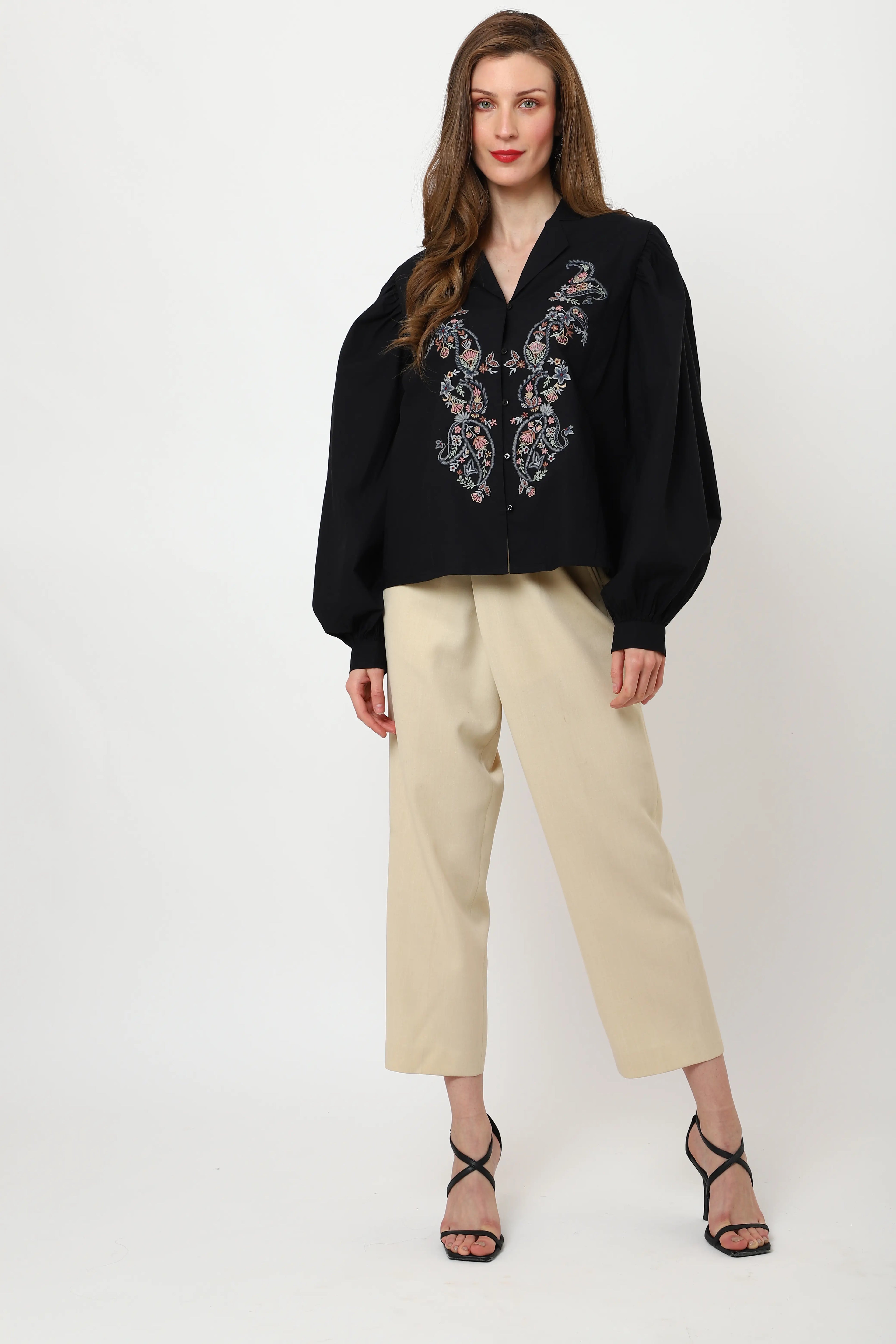 Detailed Embroidery Black Long Sleeve Top - XS to 3XL