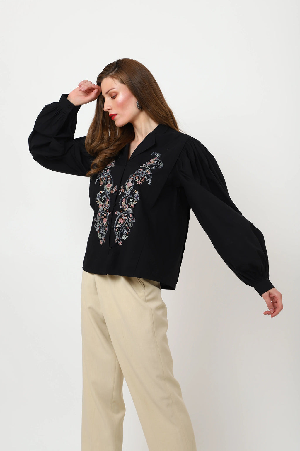 Detailed Embroidery Black Long Sleeve Top - XS to 3XL