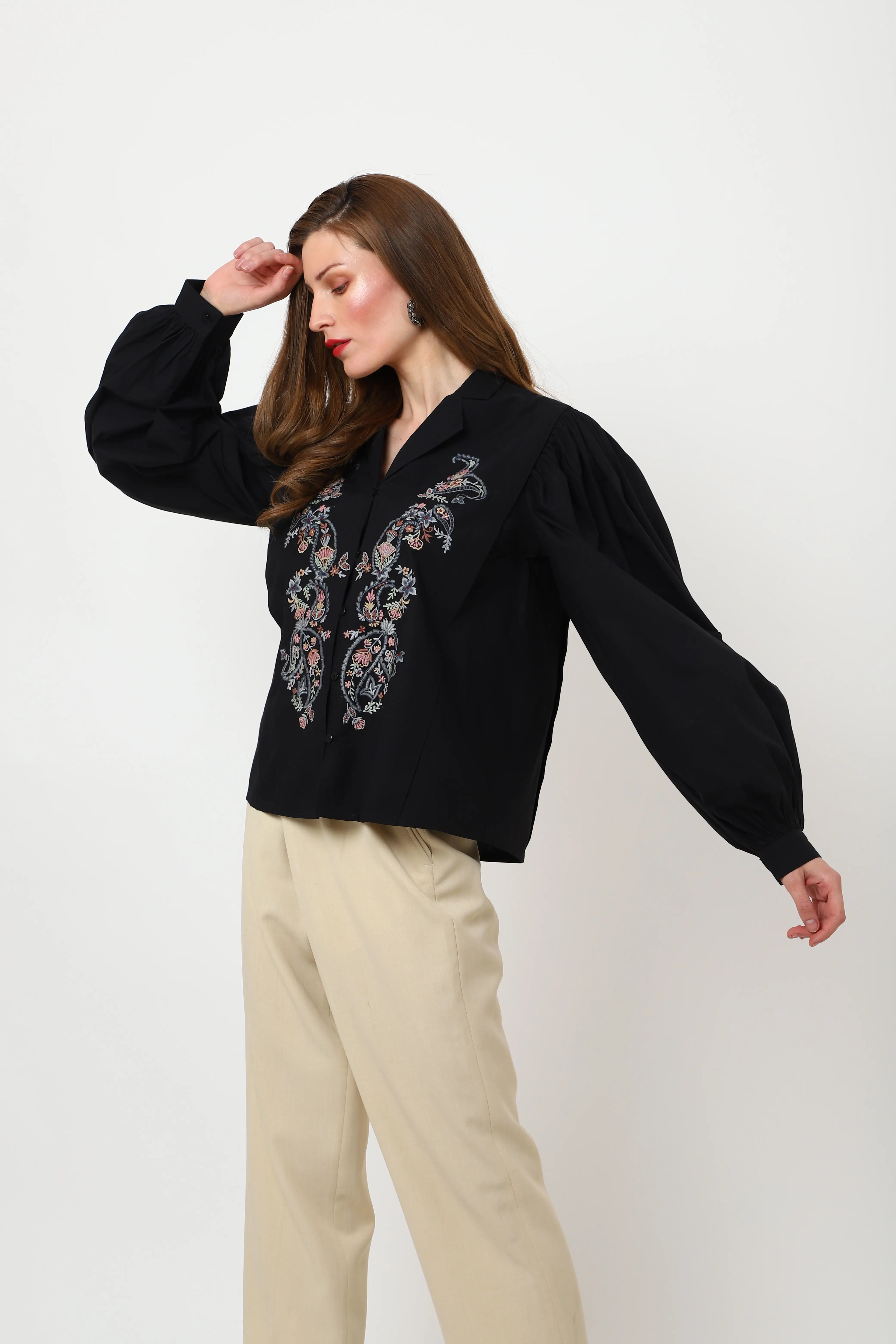 Detailed Embroidery Black Long Sleeve Top - XS to 3XL