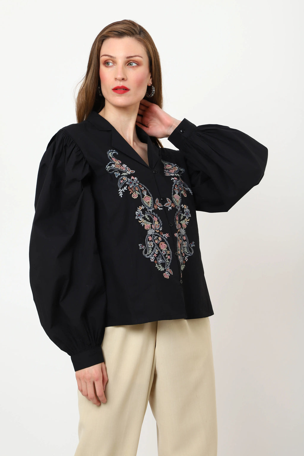 Detailed Embroidery Black Long Sleeve Top - XS to 3XL