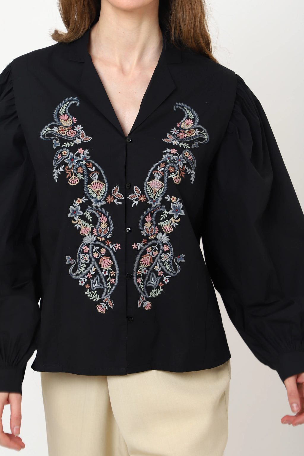 Detailed Embroidery Black Long Sleeve Top - XS to 3XL