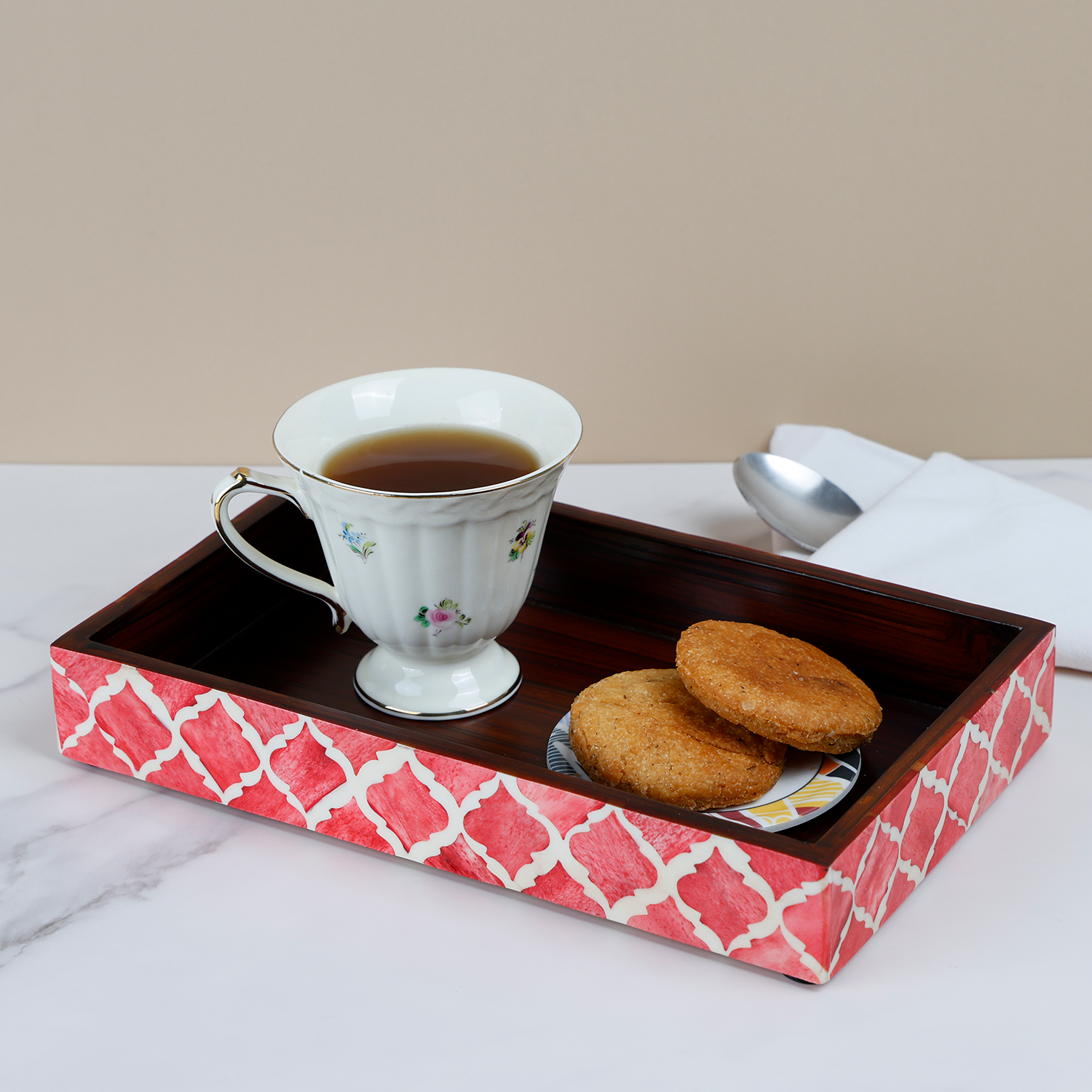 Vanity Trays Moroccan Pattern Bone & Resin Inlay Collection in 10x6, Red & White