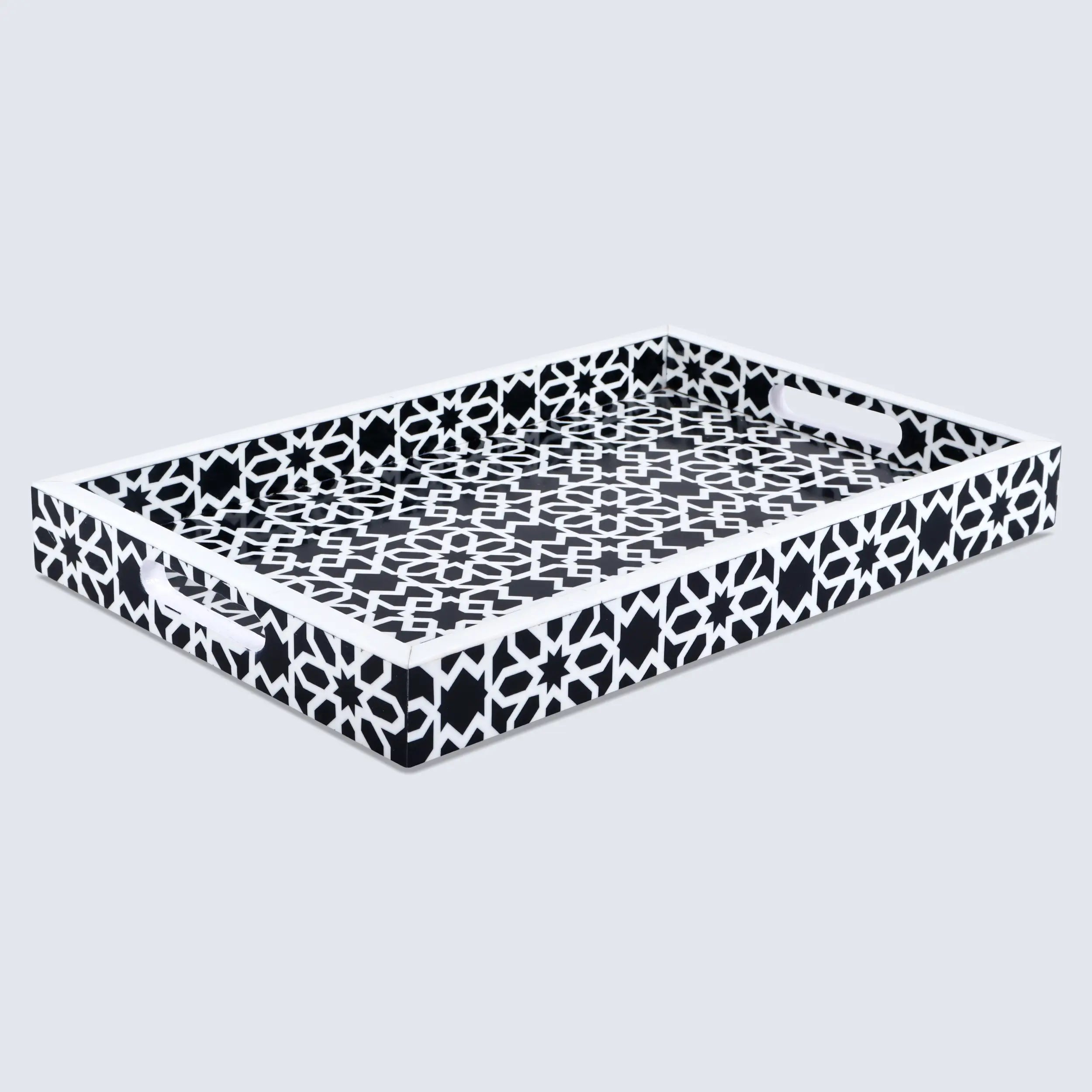 Decorative Tray Shiraj Pattern Resin Inlay Collection in 2 Sizes, Black & White