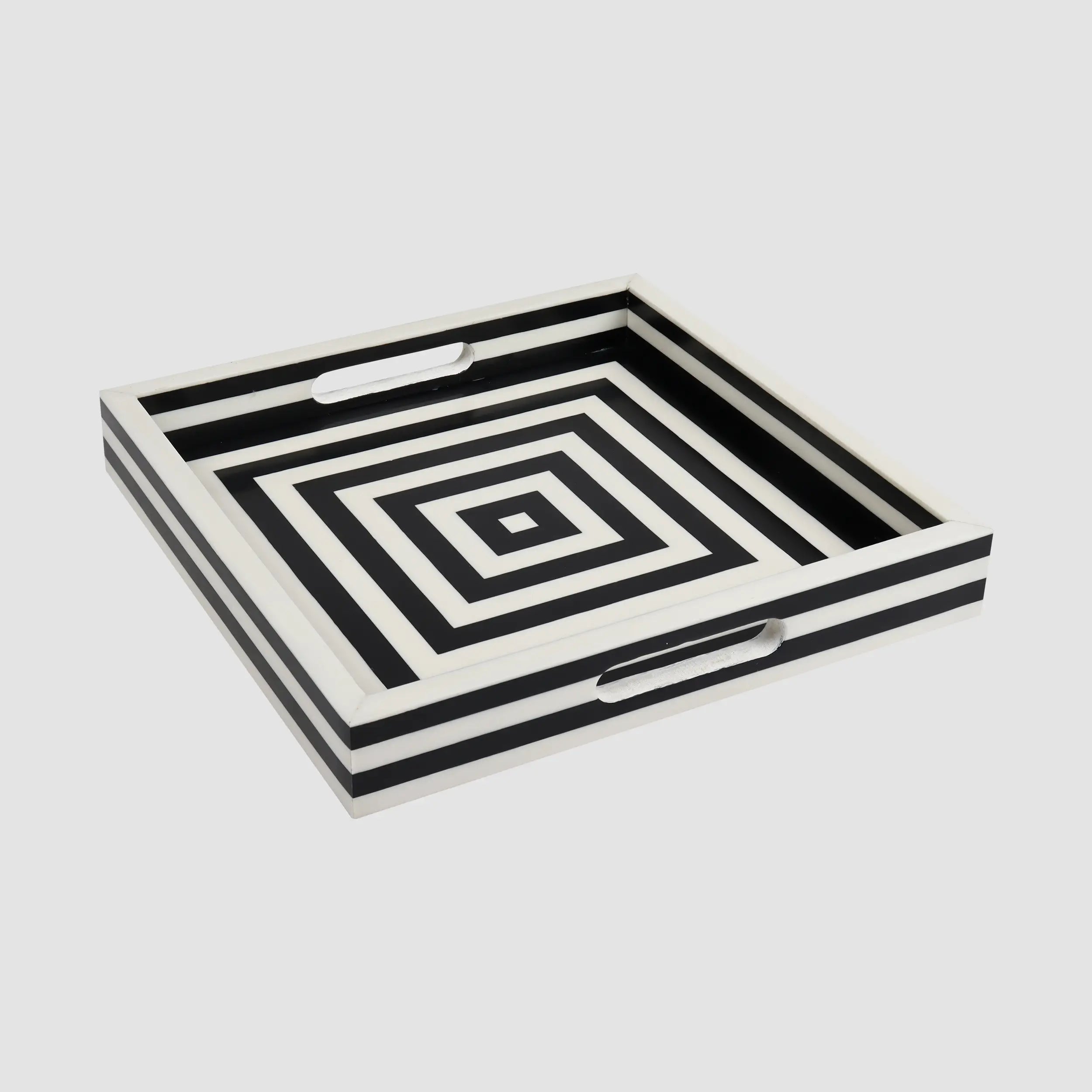 Decorative Tray Concentrics Pattern Resin Inlay Collection in 2 Sizes, Black & White