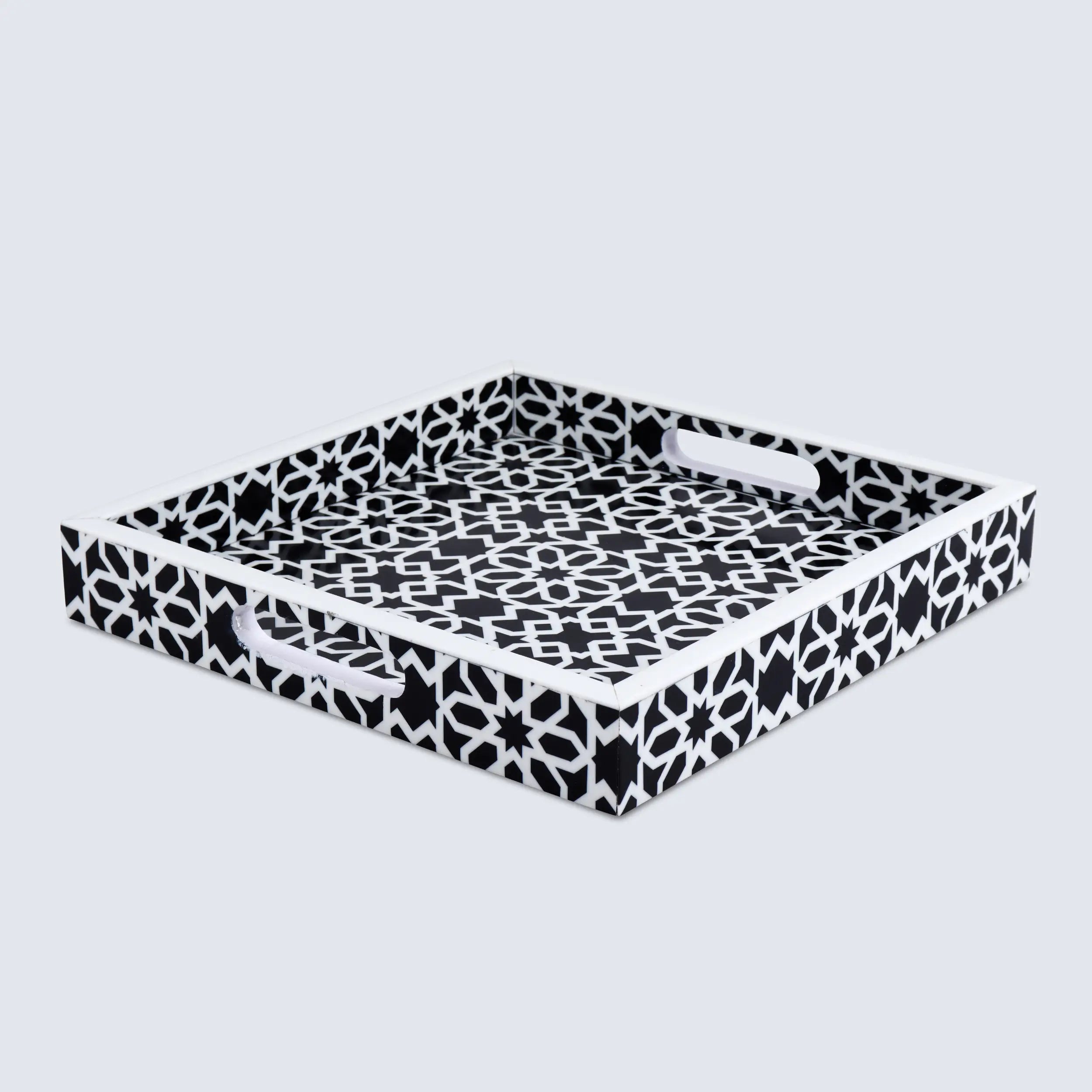 Decorative Tray Shiraj Pattern Resin Inlay Collection in 2 Sizes, Black & White