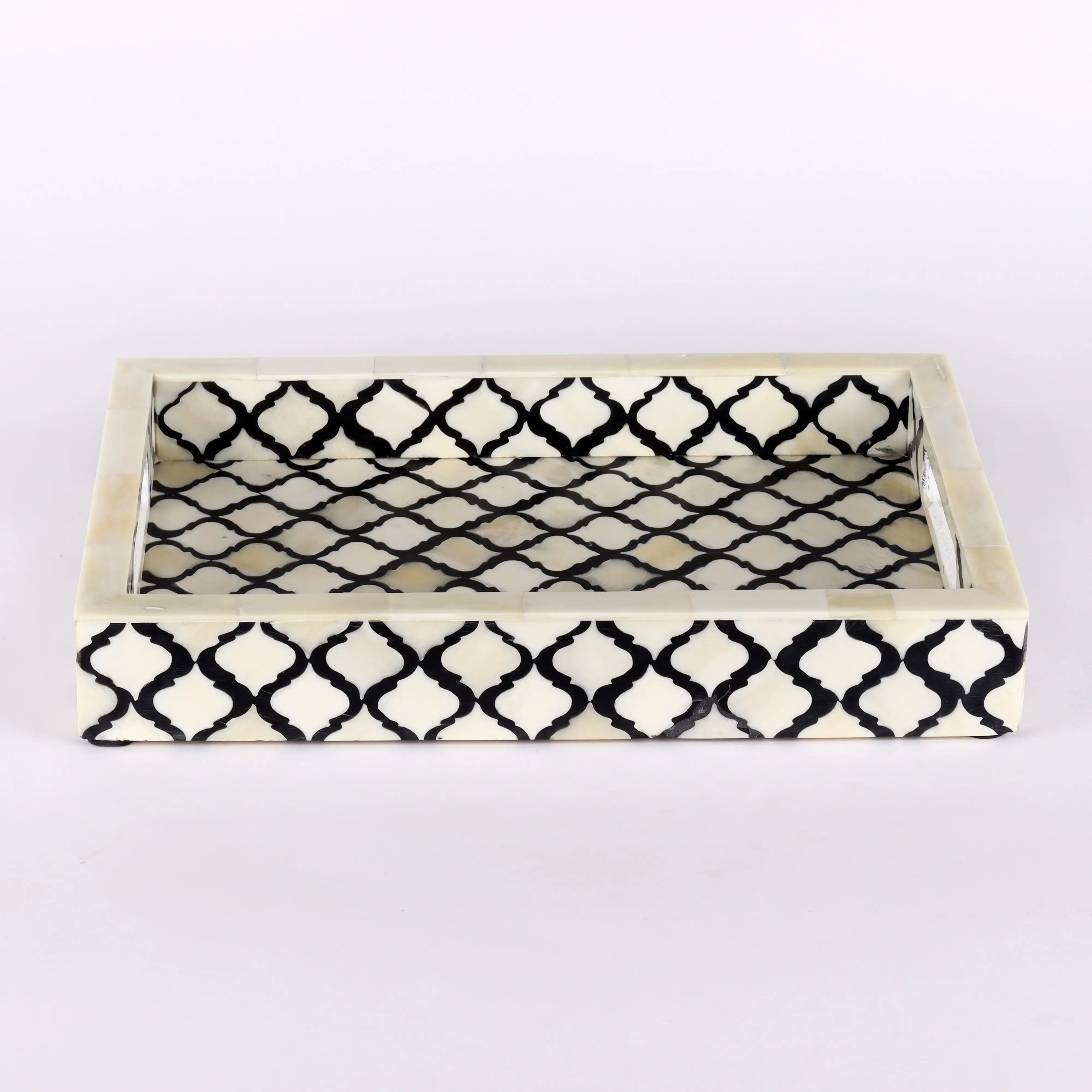 Decorative Tray Moroccan Pattern Bone & Resin Inlay Collection in 3 Sizes, Black & White