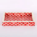 Decorative Tray Moroccan Pattern Bone & Resin Inlay Collection in 3 Sizes, Red & White