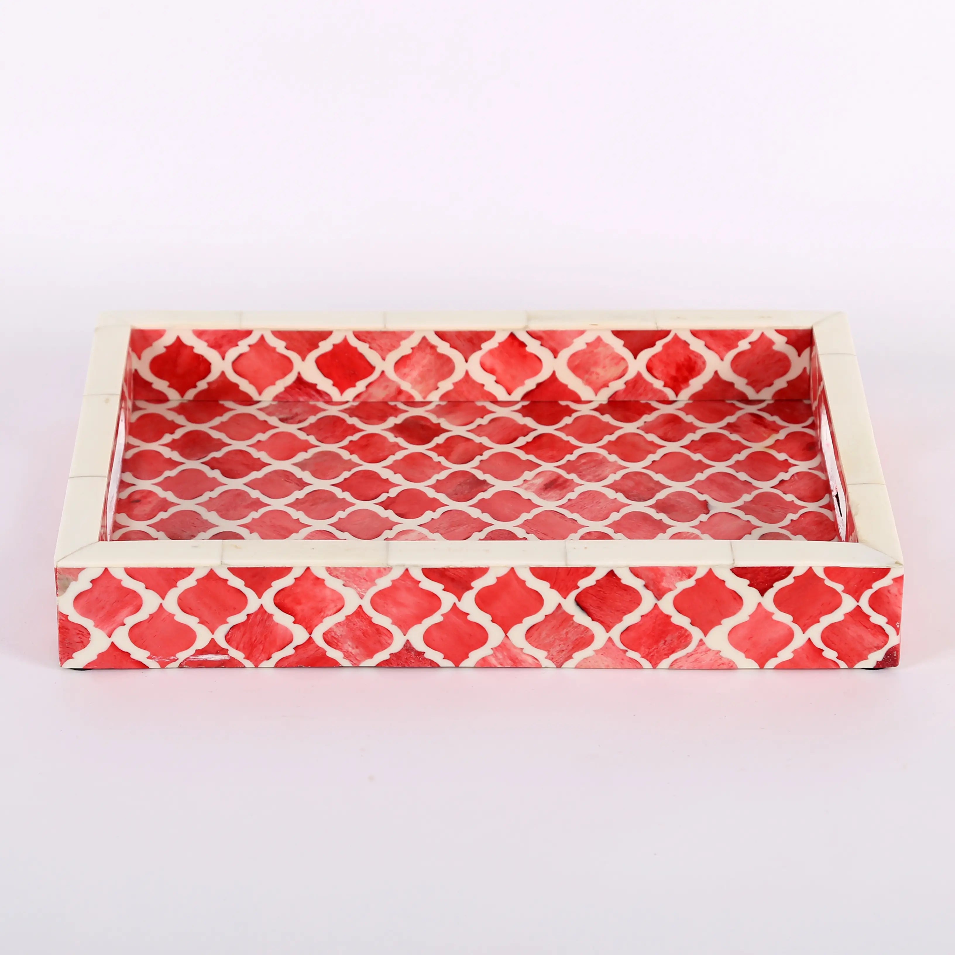Decorative Tray Moroccan Pattern Bone & Resin Inlay Collection in 3 Sizes, Red & White