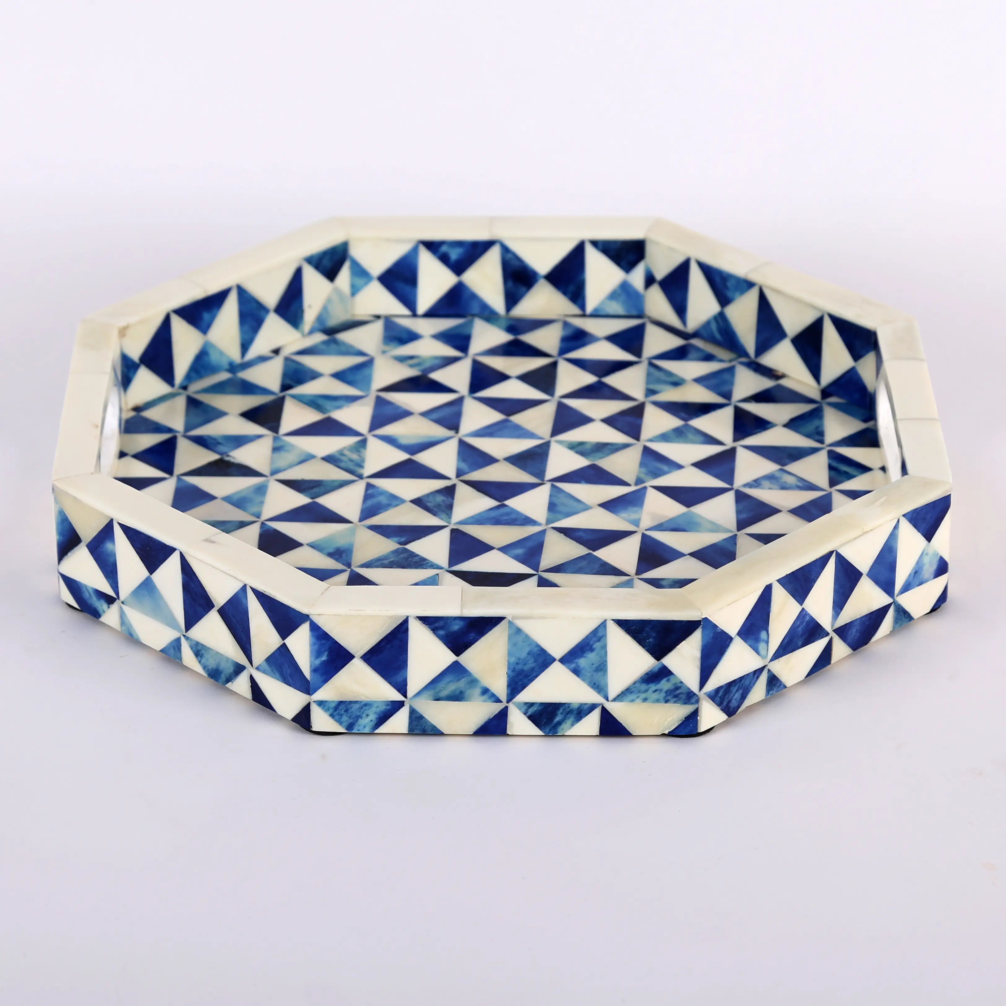 Decorative Tray Octagon Pattern Bone Inlay Collection in 12x12, Blue & White