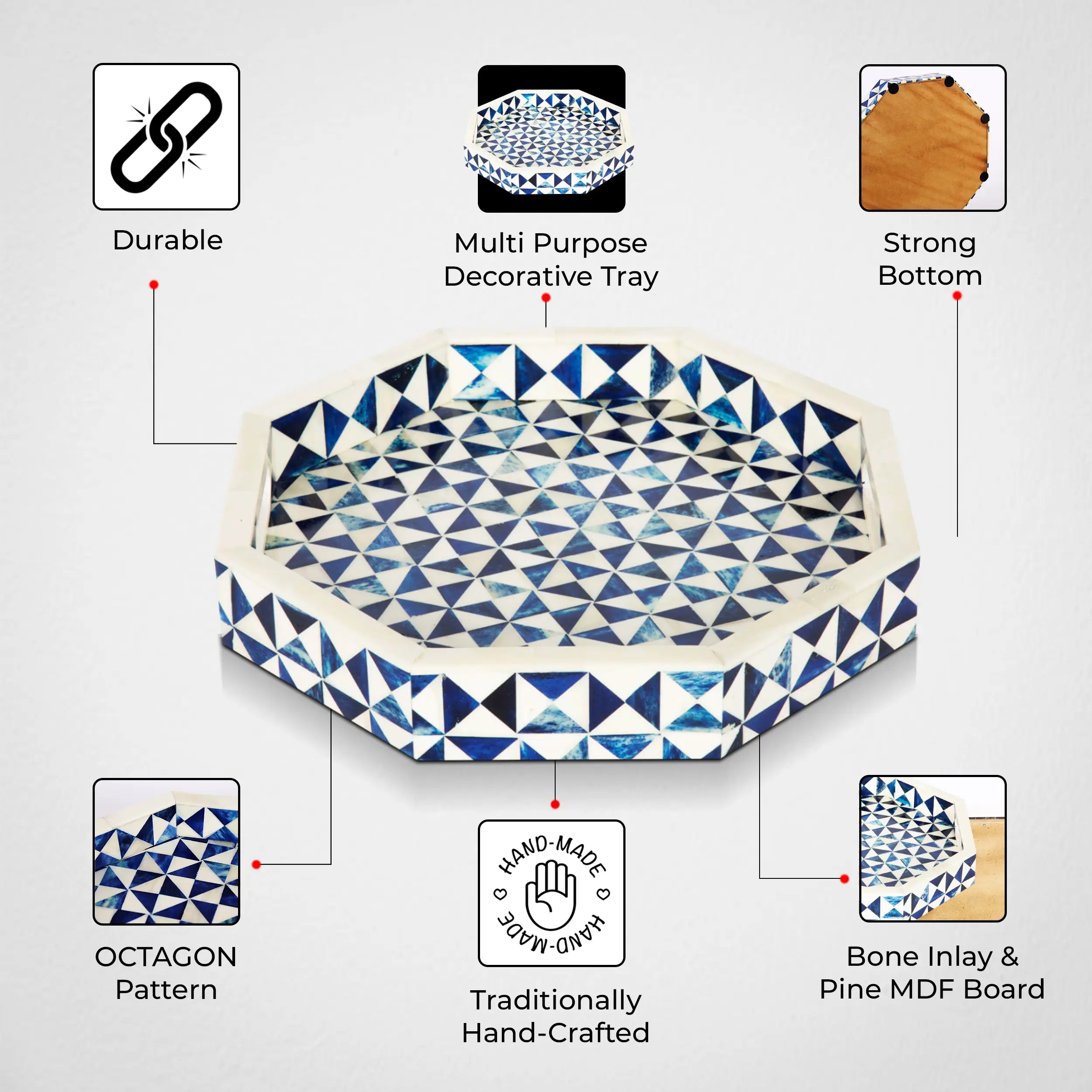 Decorative Tray Octagon Pattern Bone Inlay Collection in 12x12, Blue & White
