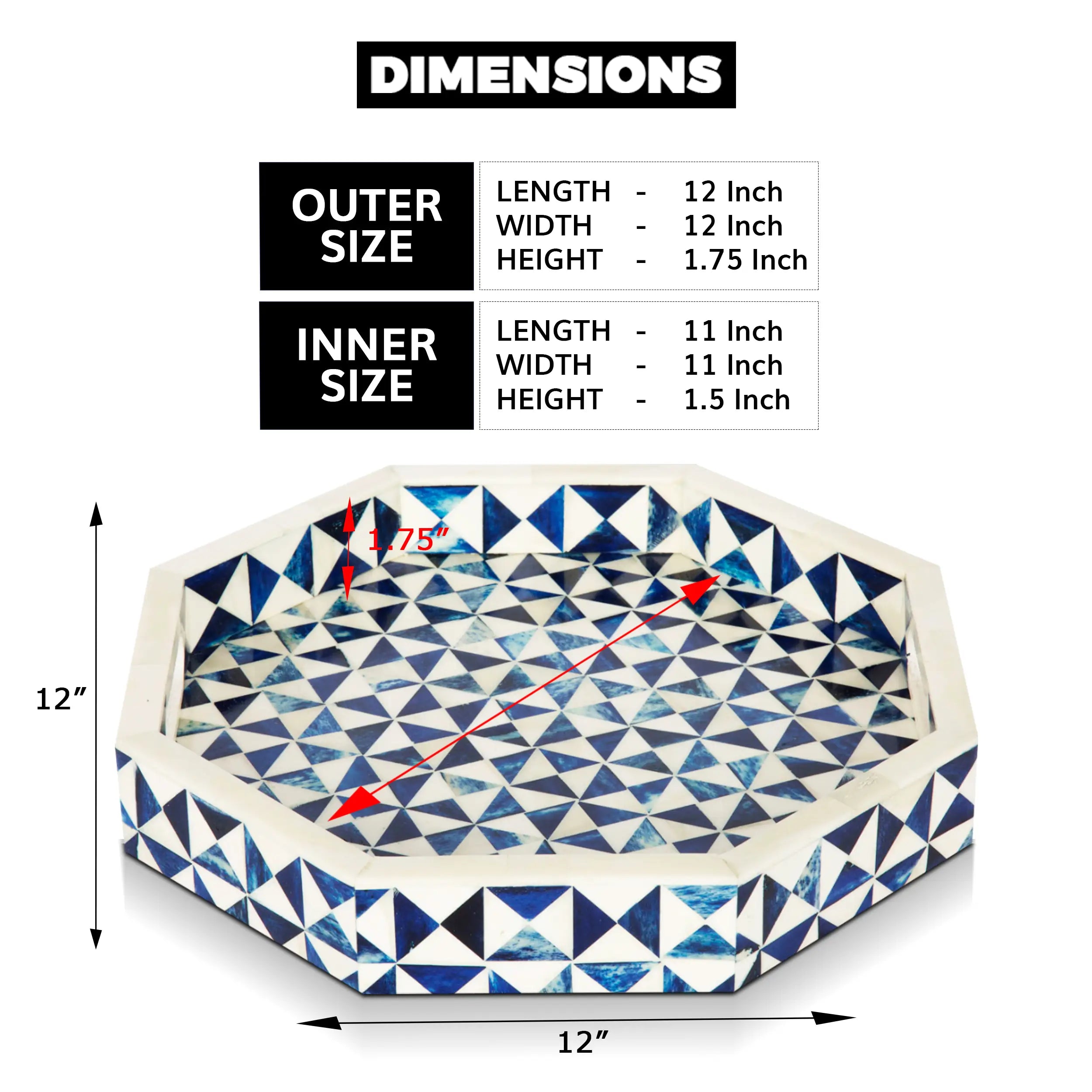 Decorative Tray Octagon Pattern Bone Inlay Collection in 12x12, Blue & White