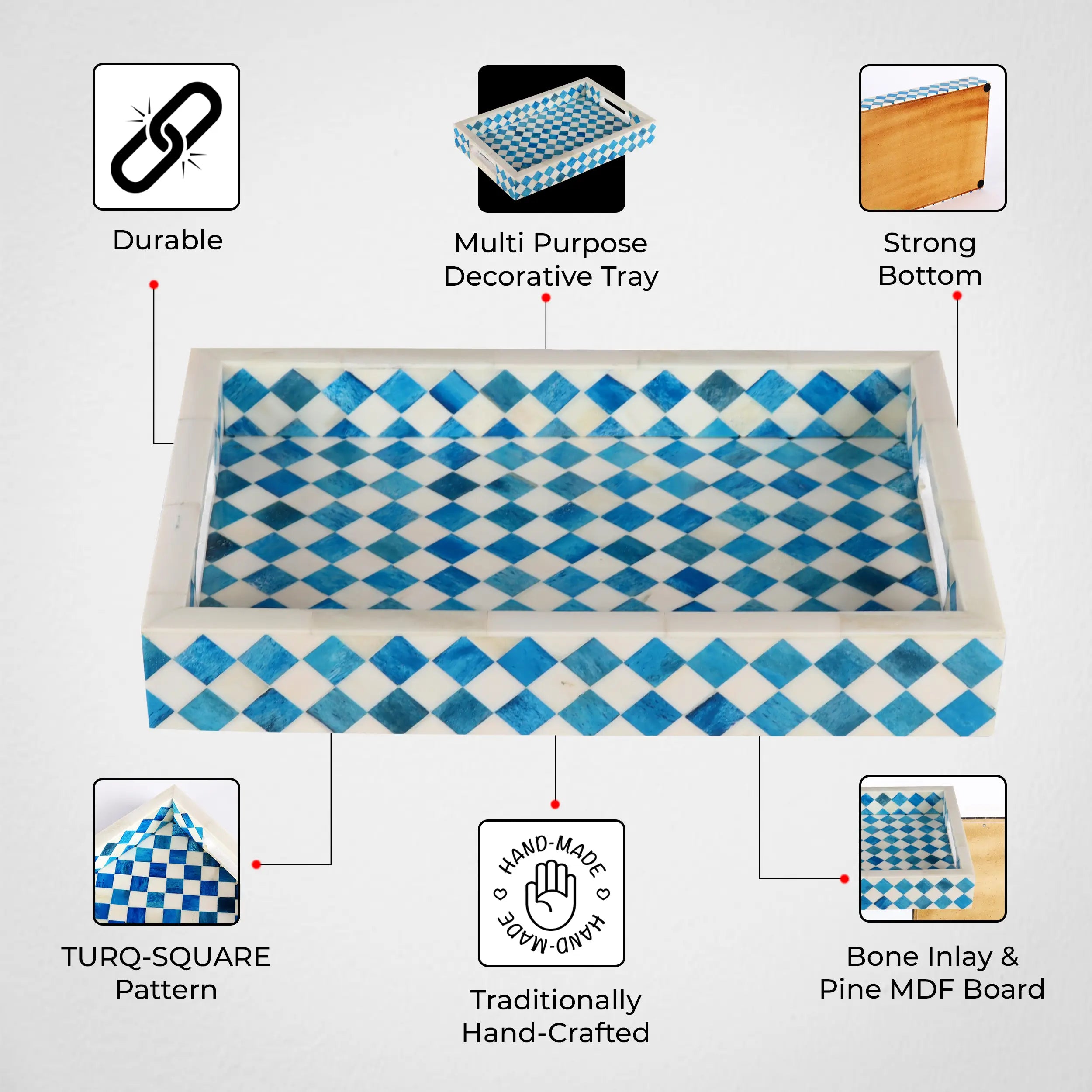 Decorative Tray Vintage Pattern Bone Inlay Collection in 12x8, Turquoise & White