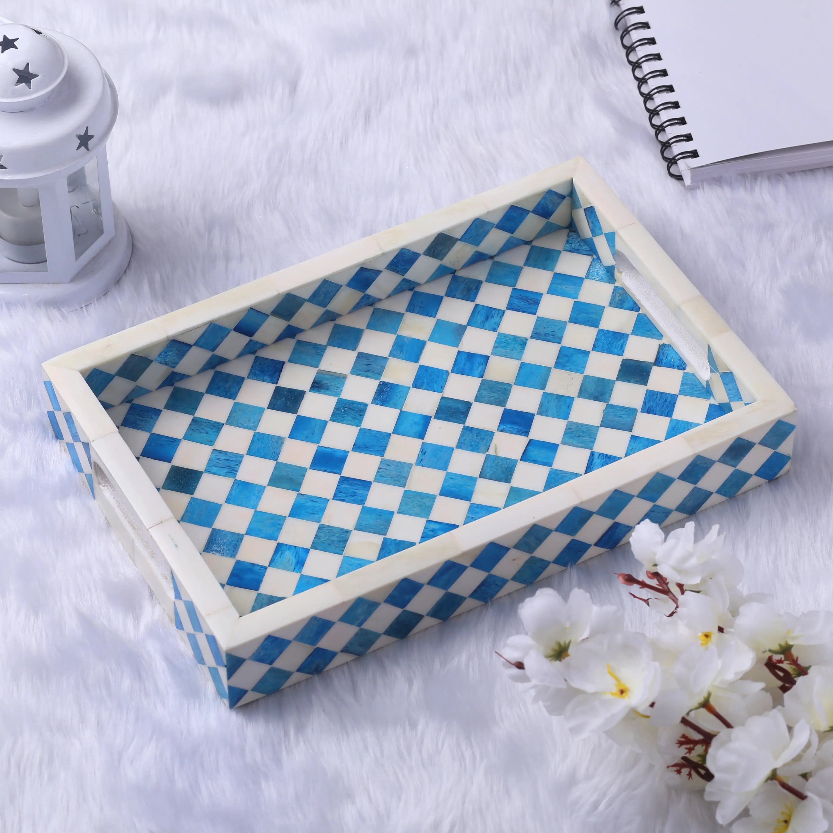 Decorative Tray Vintage Pattern Bone Inlay Collection in 12x8, Turquoise & White