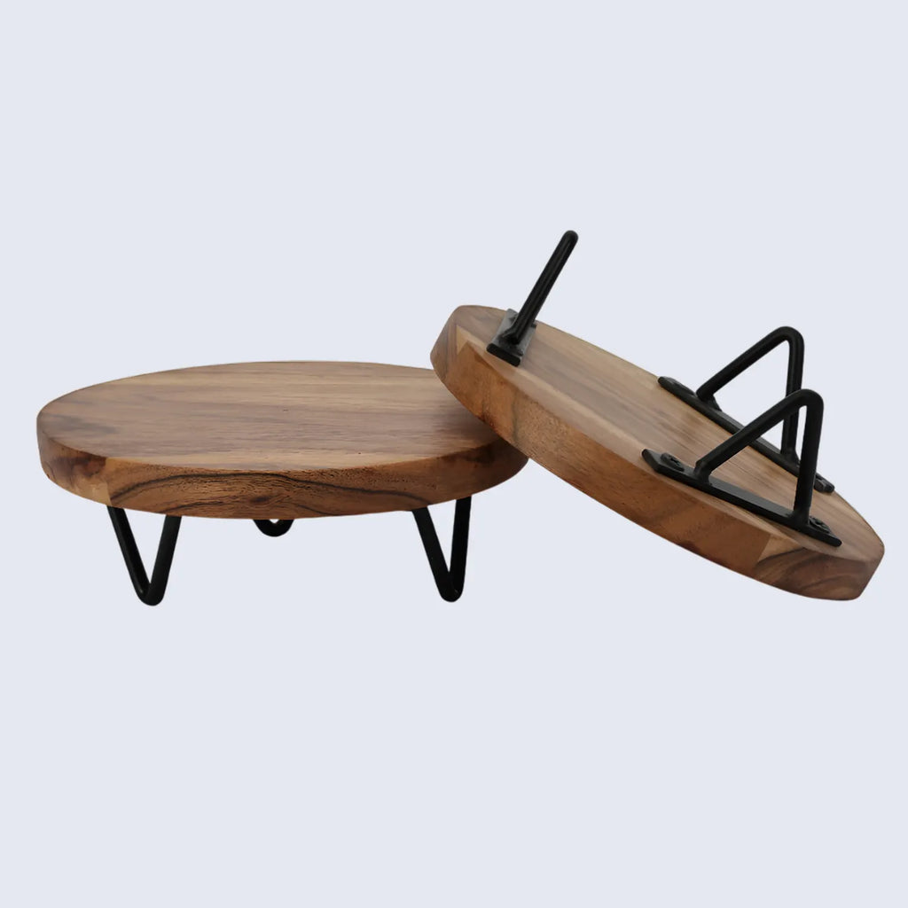 Round Trivet Acacia Wood Plant Stand, Pack of 2, Centre-Weighted, 6 & 8 Inch