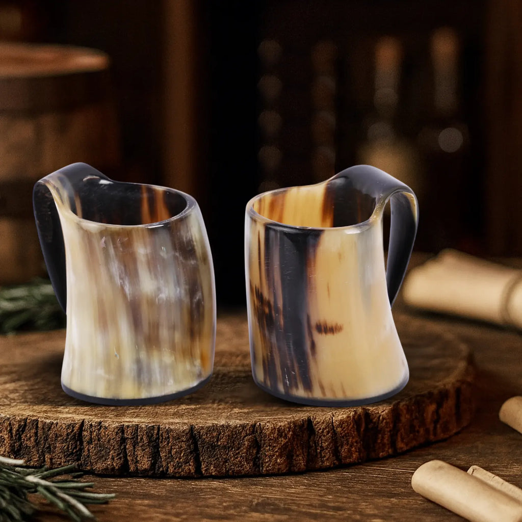 Horn Whiskey Mugs Pack 2 - Holds Upto 6.5 oz, Natural