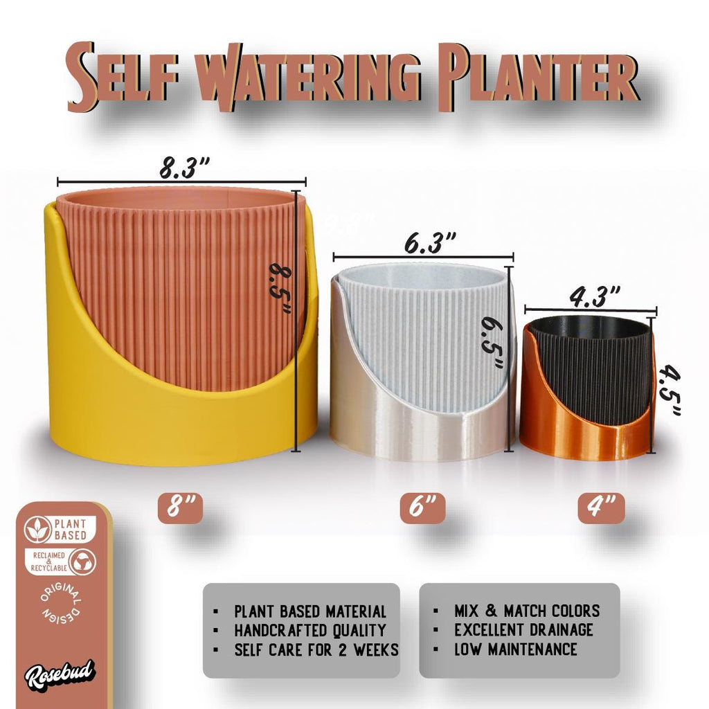 4 Inch Self Watering Planter, Large Indoor Outdoor Plant Pot with Drainage, Terracotta, Green, Beige, Modern Ribbed Design