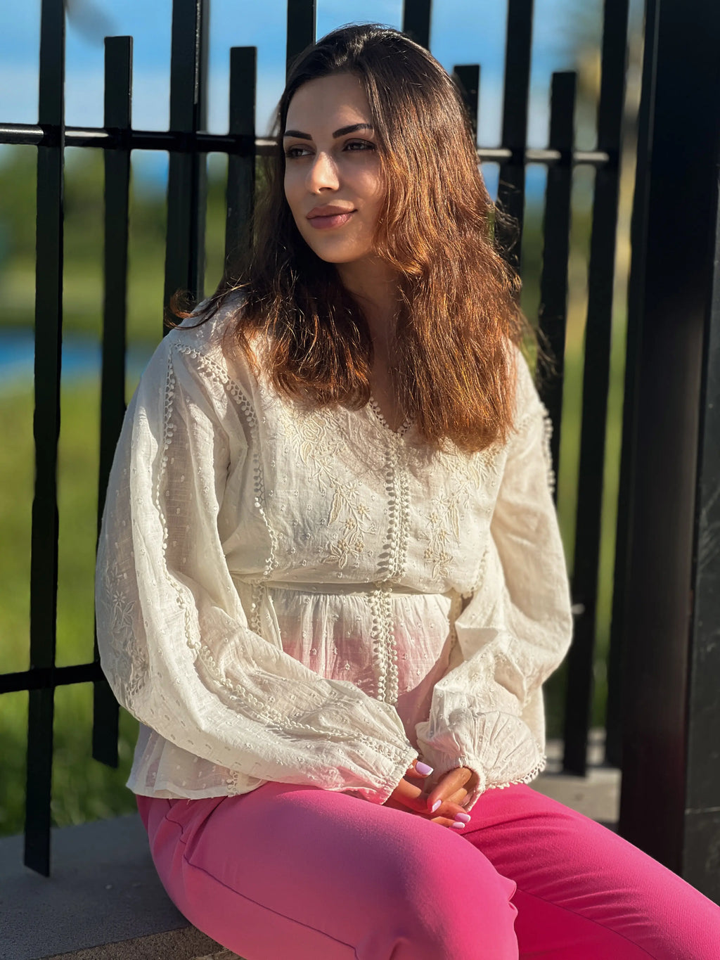 Tonal Embroidered Peplum Top with V-Neckline - S to 2XL