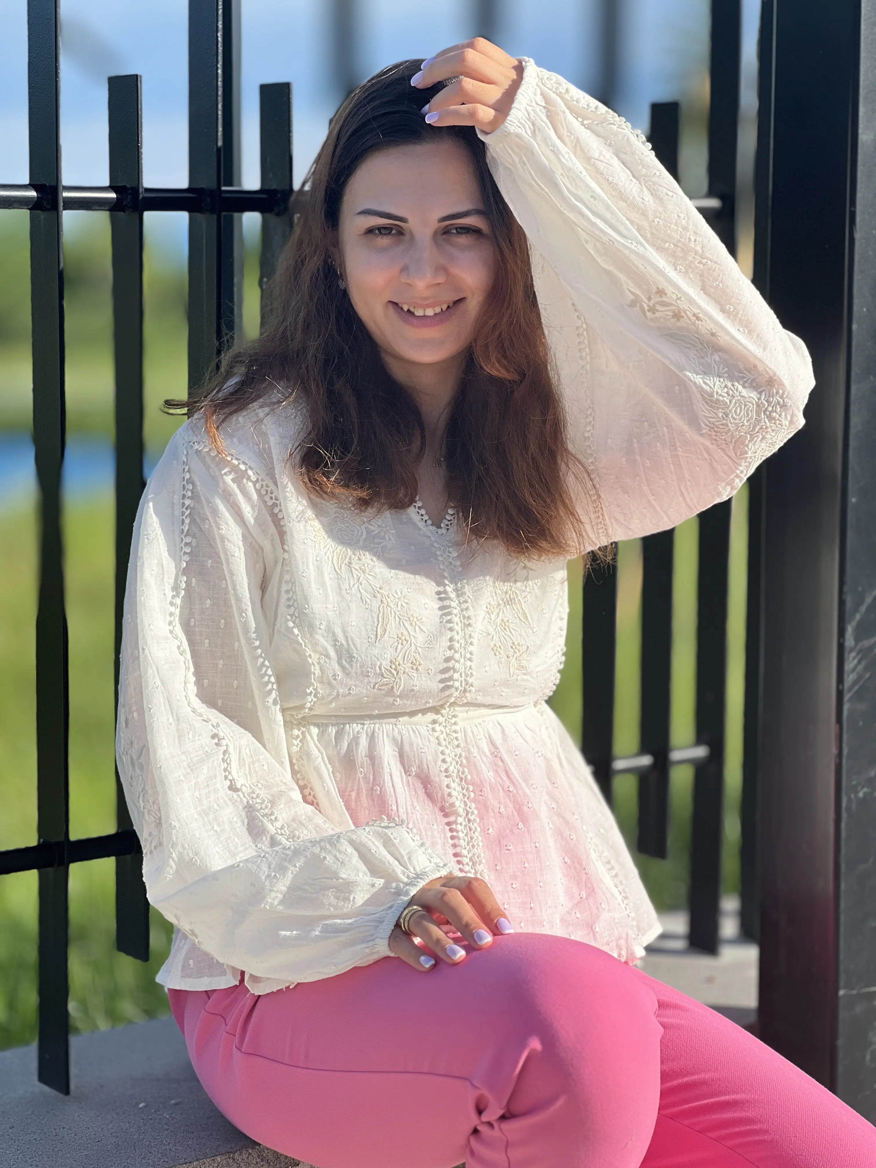 Tonal Embroidered Peplum Top with V-Neckline - S to 2XL