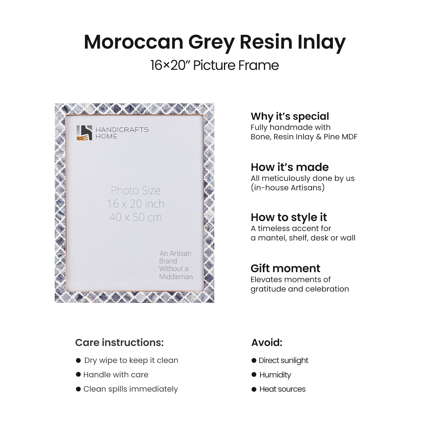 Picture Frames Moroccan Pattern Bone & Resin Inlay Collection in 27 Sizes, Grey