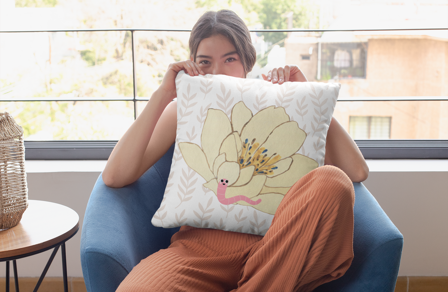 peccole house pillow case featuring a woman hiding her face and pillow