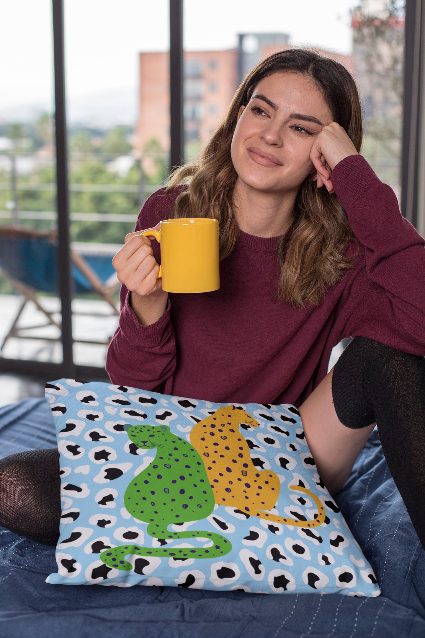 peccole house pillow featuring a gorgeous young woman holding a coffee mug at home