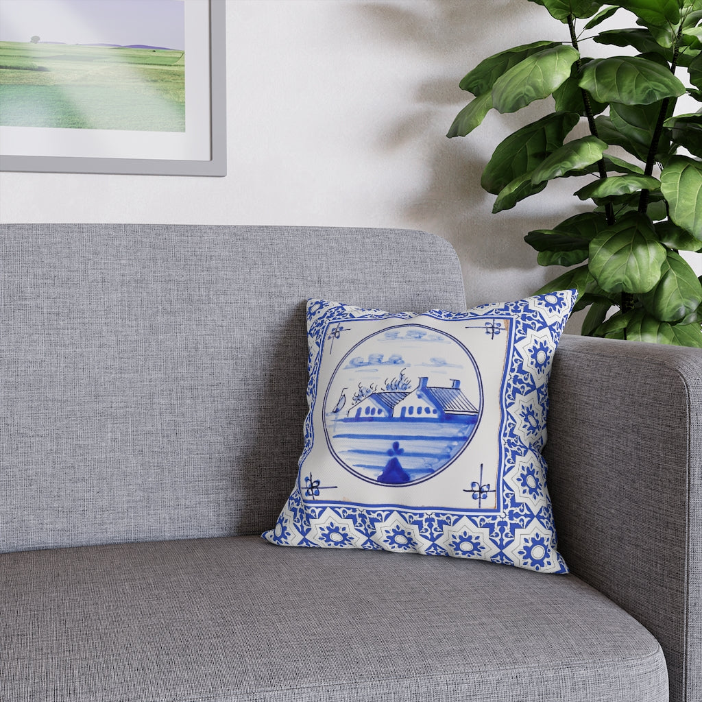 Delft Blue House Pillow Case - Throw Pillow Cover - Grandmillennial Style