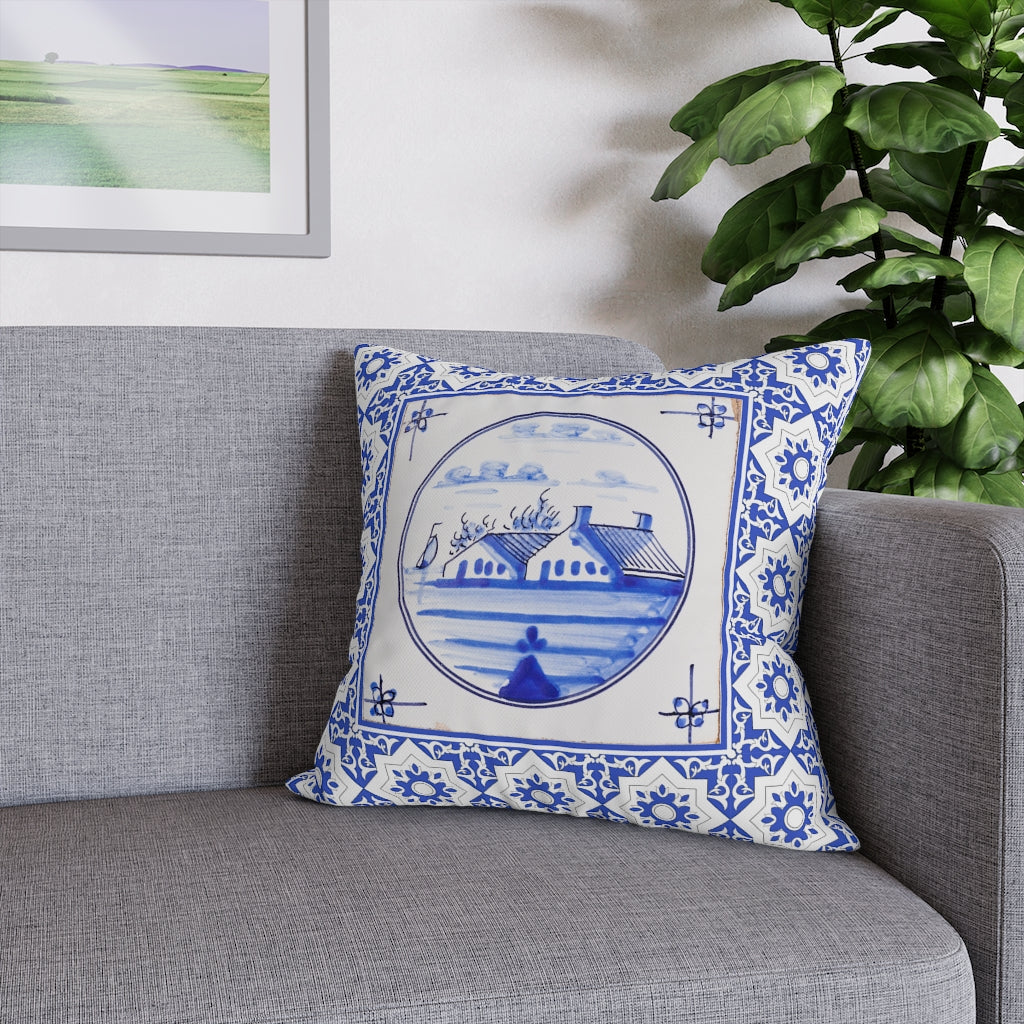 Delft Blue House Pillow Case - Throw Pillow Cover - Grandmillennial Style