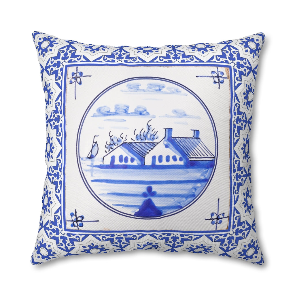 Delft Blue House Pillow Case - Throw Pillow Cover - Grandmillennial Style