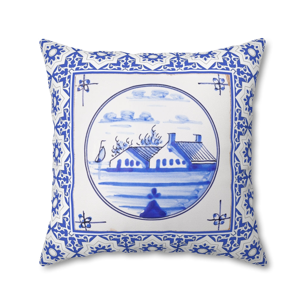 Delft Blue House Pillow Case - Throw Pillow Cover - Grandmillennial Style