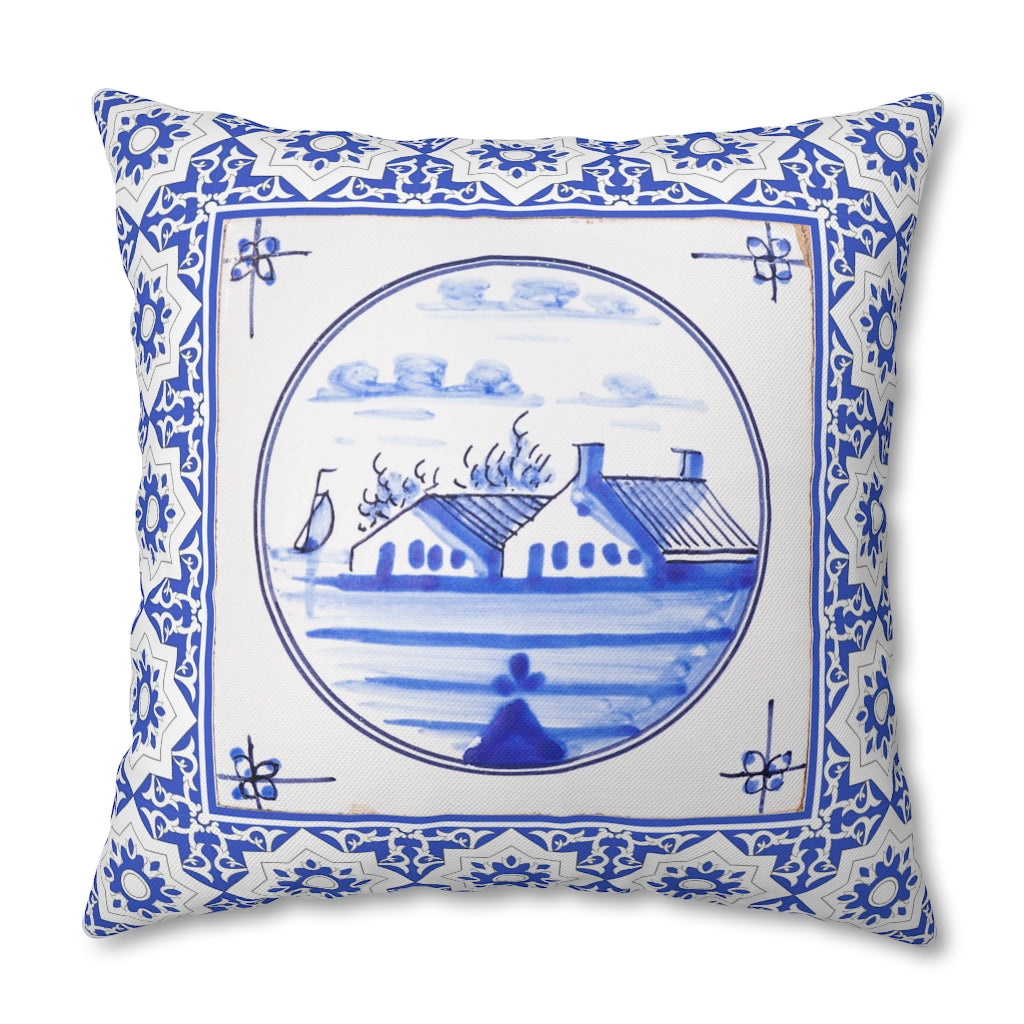 Delft Blue House Pillow Case - Throw Pillow Cover - Grandmillennial Style