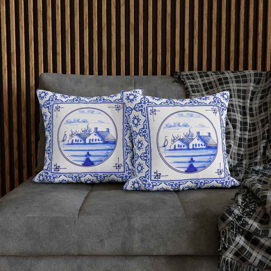 Delft Blue House Pillow Case - Throw Pillow Cover - Grandmillennial Style