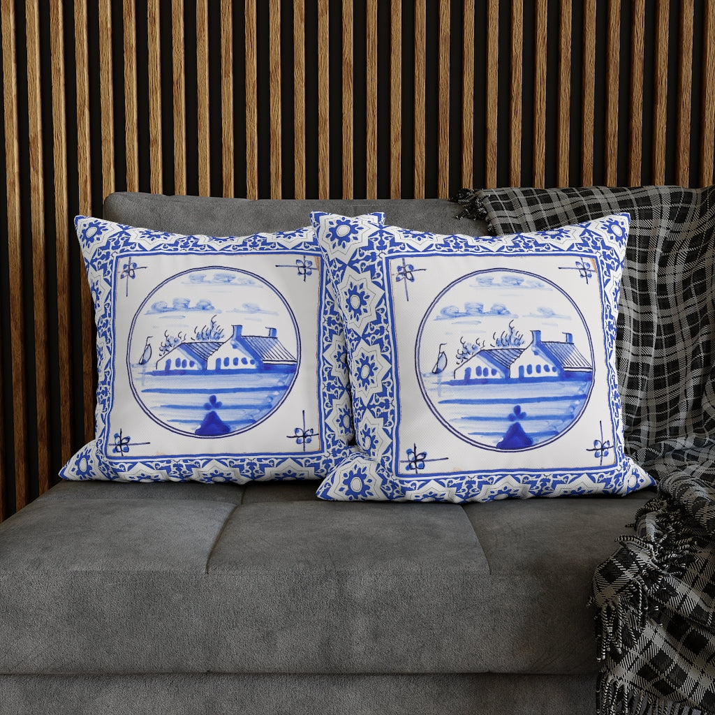 Delft Blue House Pillow Case - Throw Pillow Cover - Grandmillennial Style