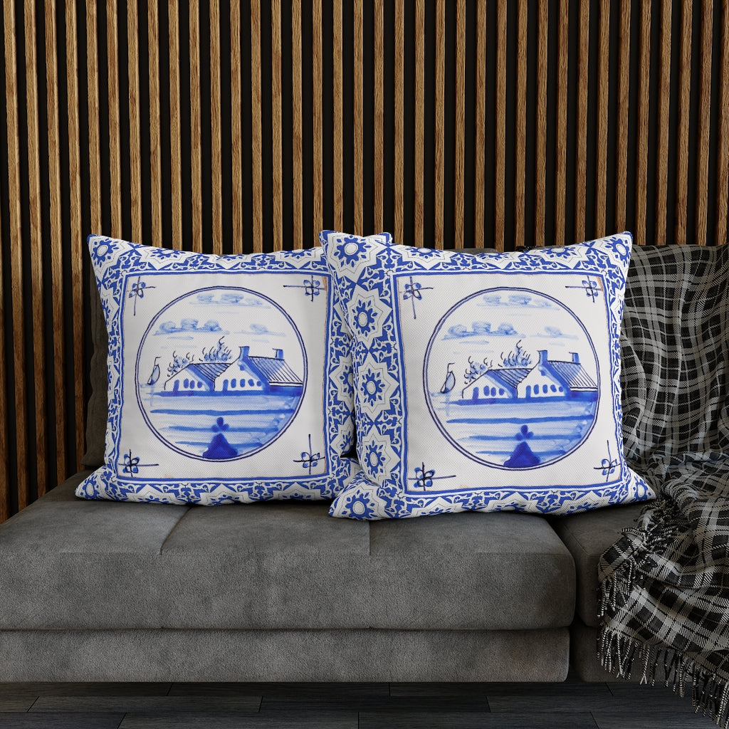 Delft Blue House Pillow Case - Throw Pillow Cover - Grandmillennial Style