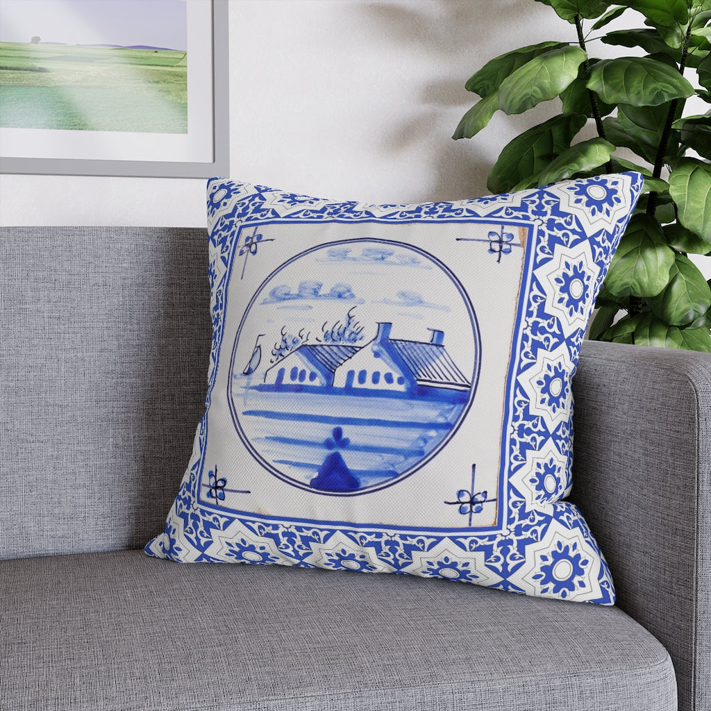 Delft Blue House Pillow Case - Throw Pillow Cover - Grandmillennial Style