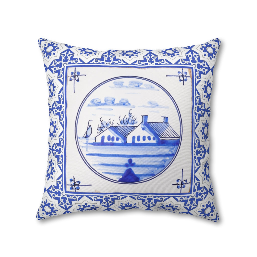 Delft Blue House Pillow Case - Throw Pillow Cover - Grandmillennial Style