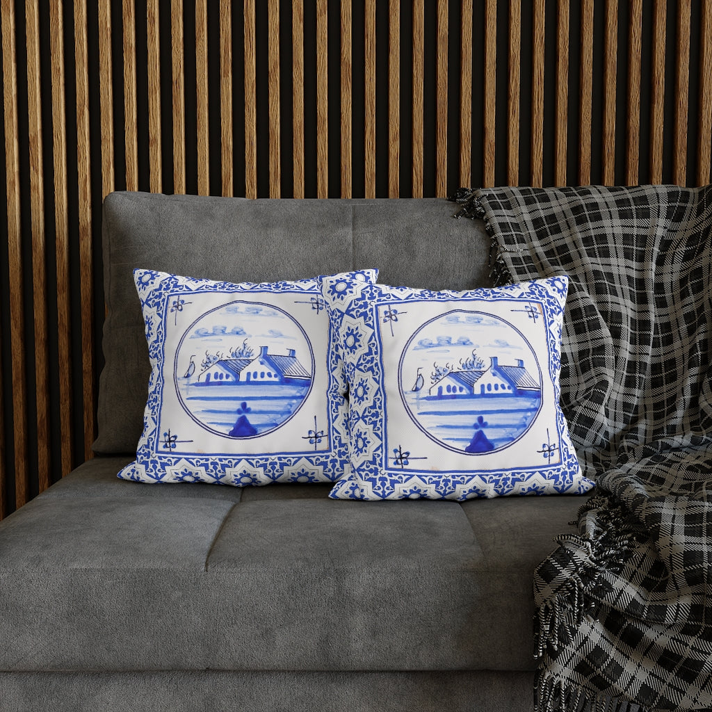 Delft Blue House Pillow Case - Throw Pillow Cover - Grandmillennial Style