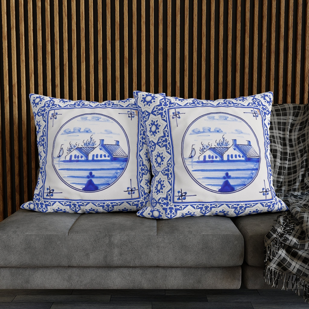 Delft Blue House Pillow Case - Throw Pillow Cover - Grandmillennial Style