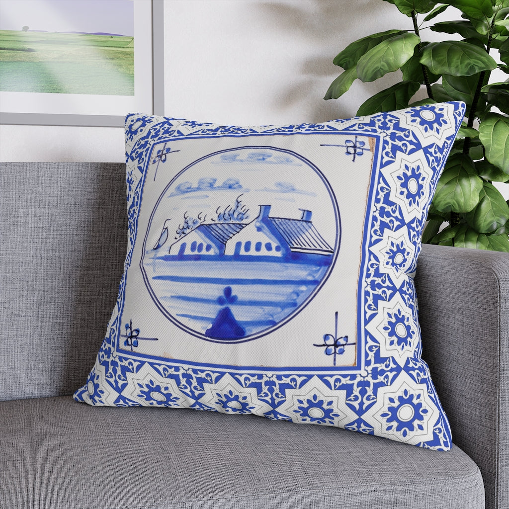 Delft Blue House Pillow Case - Throw Pillow Cover - Grandmillennial Style